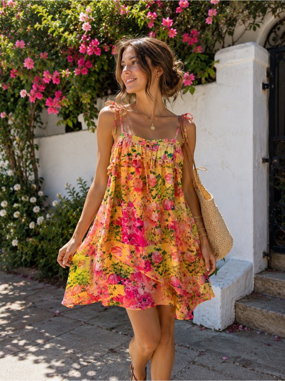 Floral Tie Strap Ruffle Mini Dress | Tropical Watercolor Garden Party Sundress